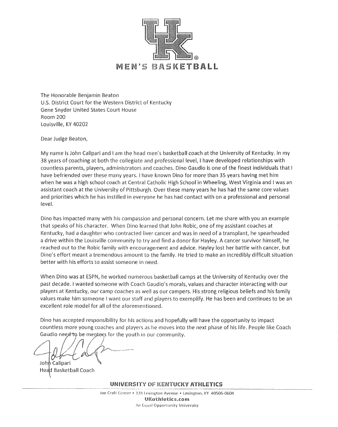 John Calipari Character Letter for Dino Gaudio